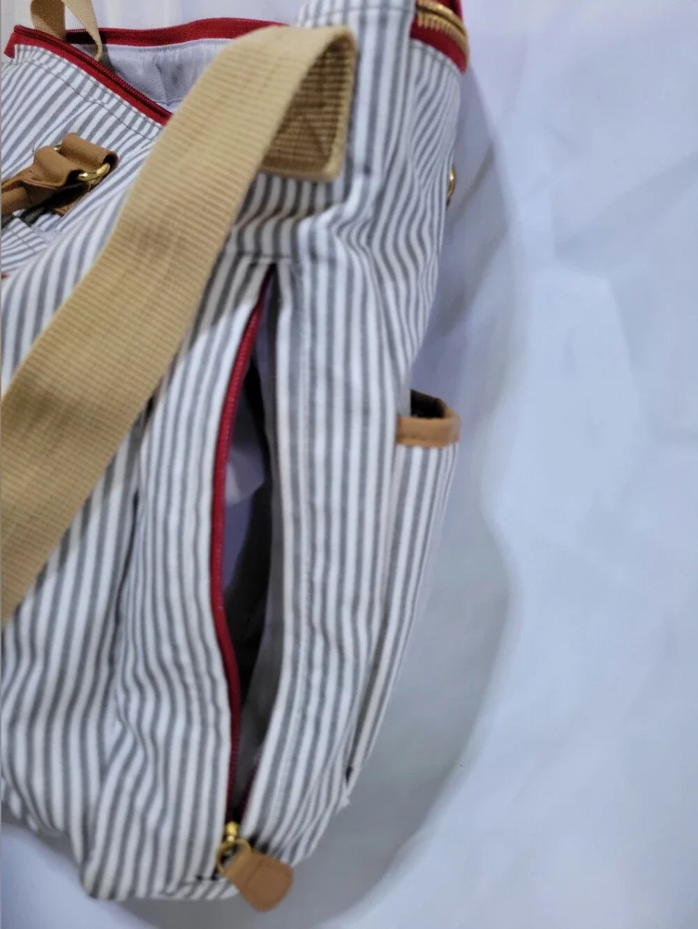 SKIP HOP  Cream & Tan Striped DIAPER BAG with Red Zip Accents